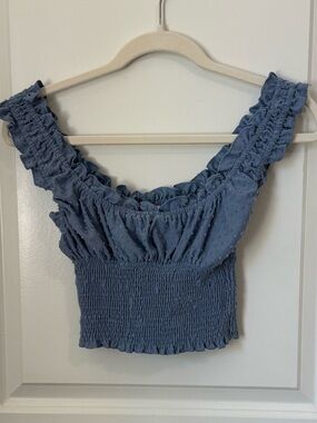 Kimchi Blue Blue Smocked Ruffle Off-Shoulder Crop Top from Urban Outfitters XS
